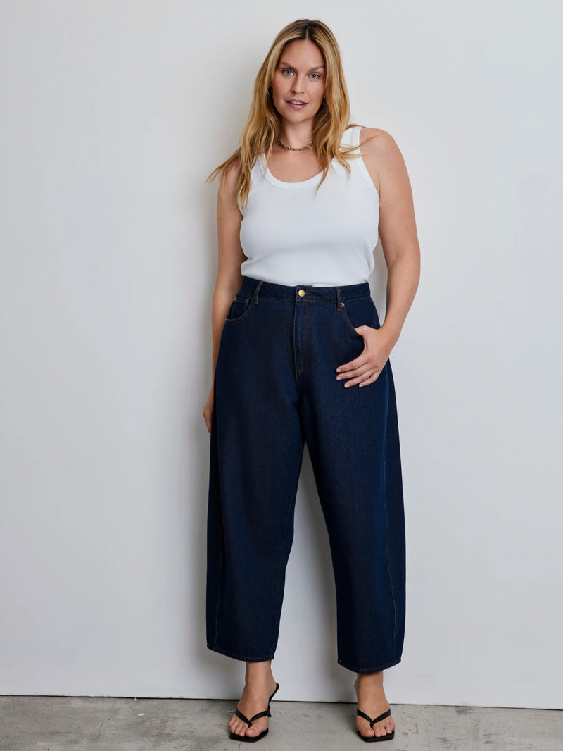 Dark Blue Denim Barrel Leg Jeans