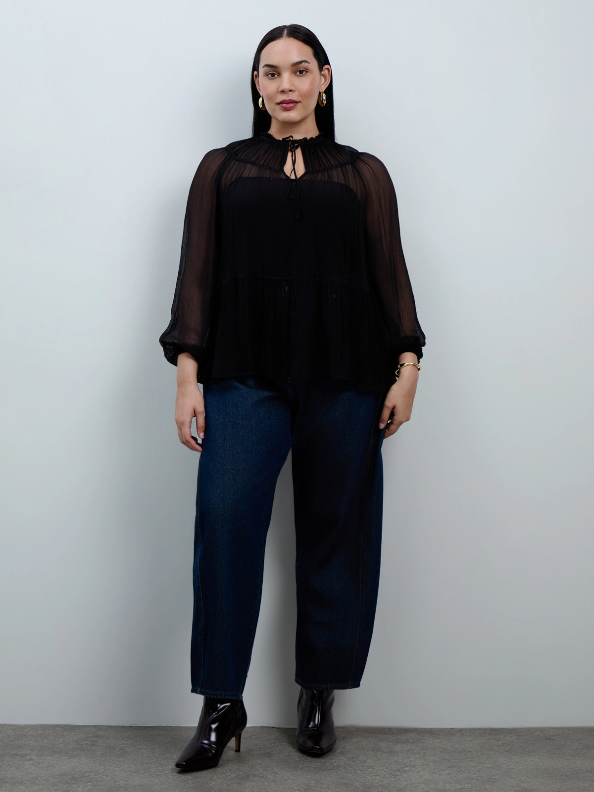 Black Chiffon Smocked Blouse With Detachable Cami