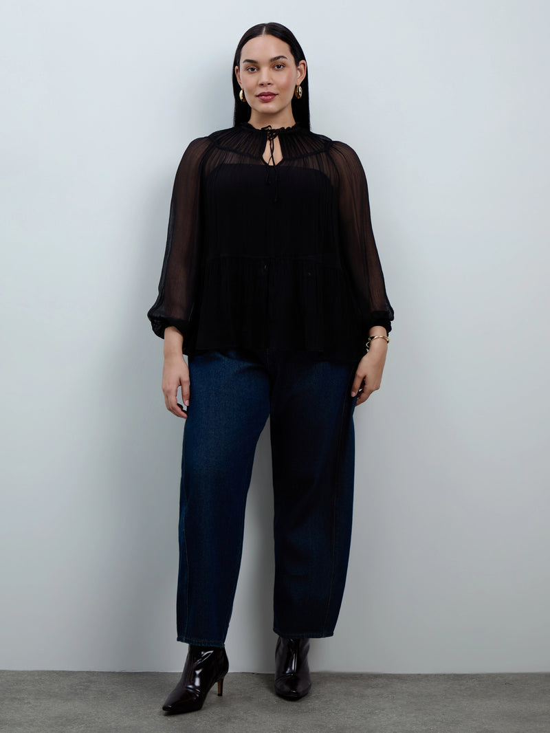 Black Chiffon Smocked Blouse With Detachable Cami