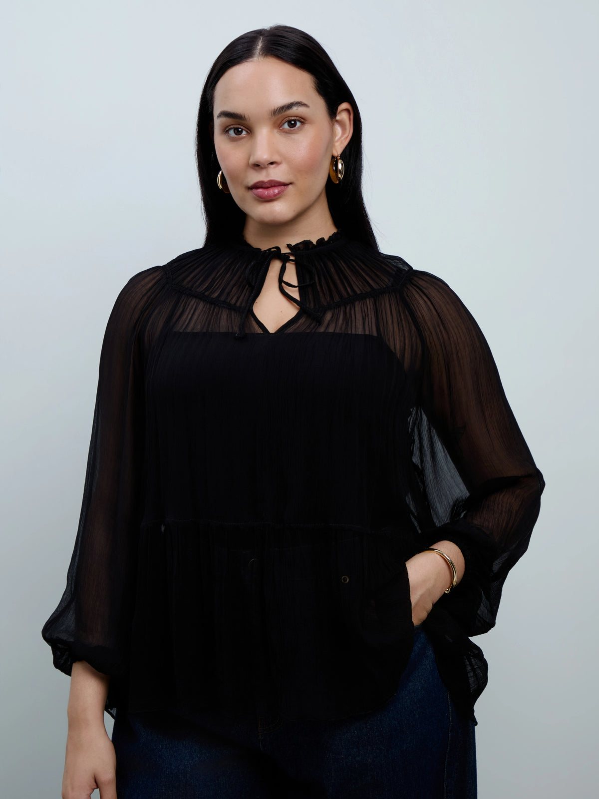 Black Chiffon Smocked Blouse With Detachable Cami
