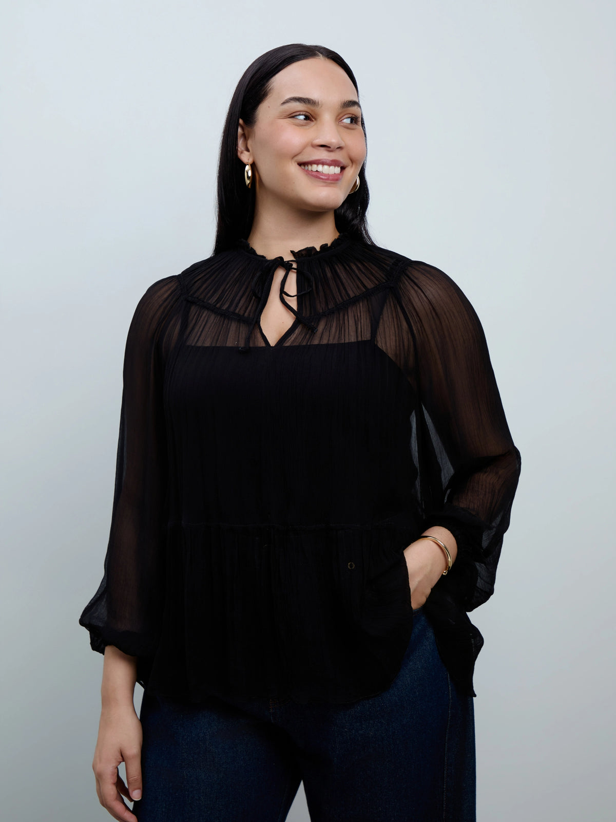 Black Chiffon Smocked Blouse With Detachable Cami