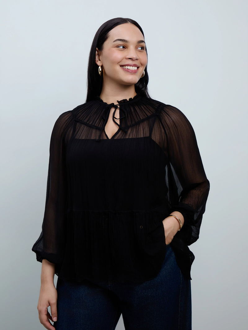 Black Chiffon Smocked Blouse With Detachable Cami