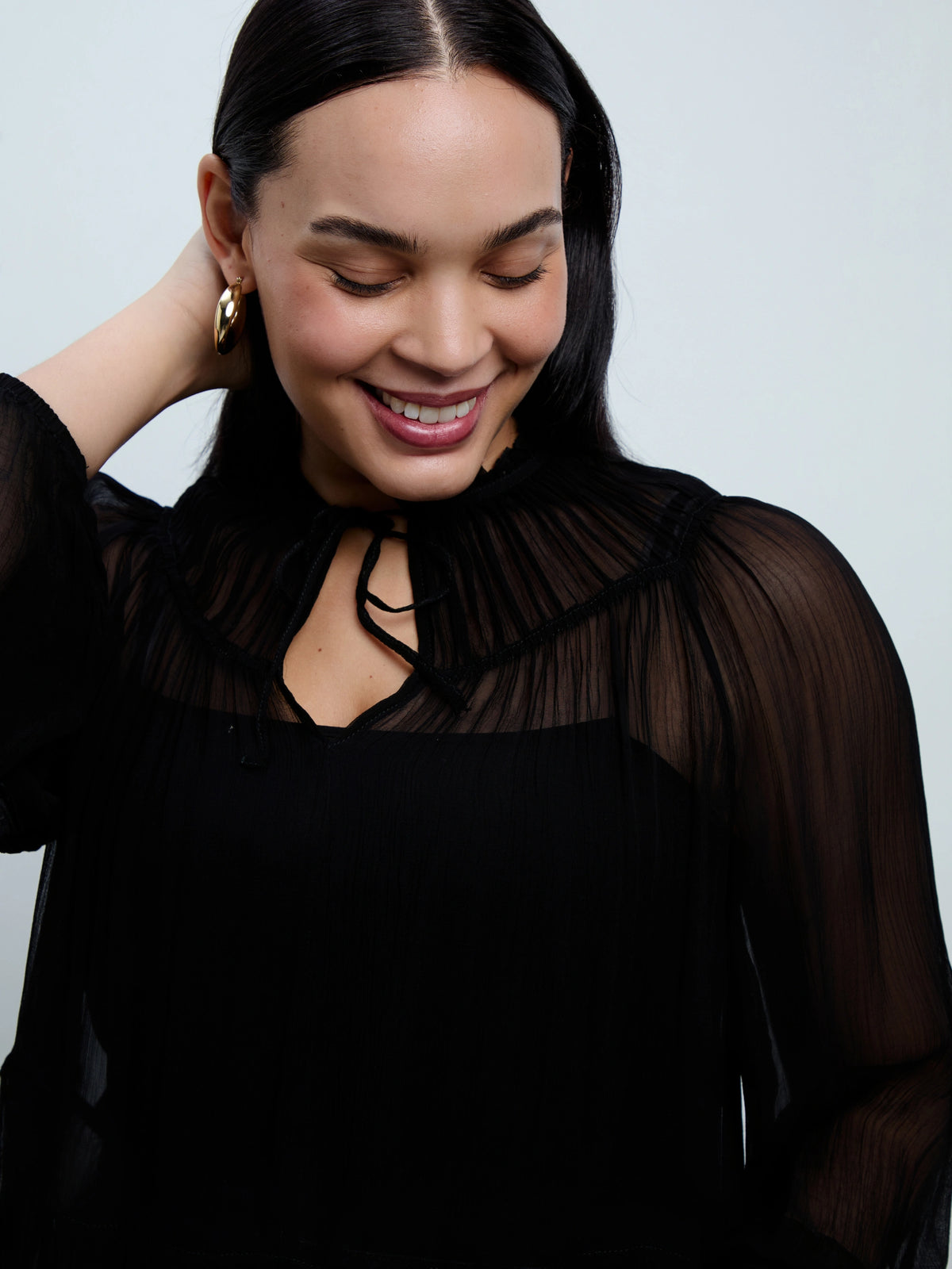 Black Chiffon Smocked Blouse With Detachable Cami
