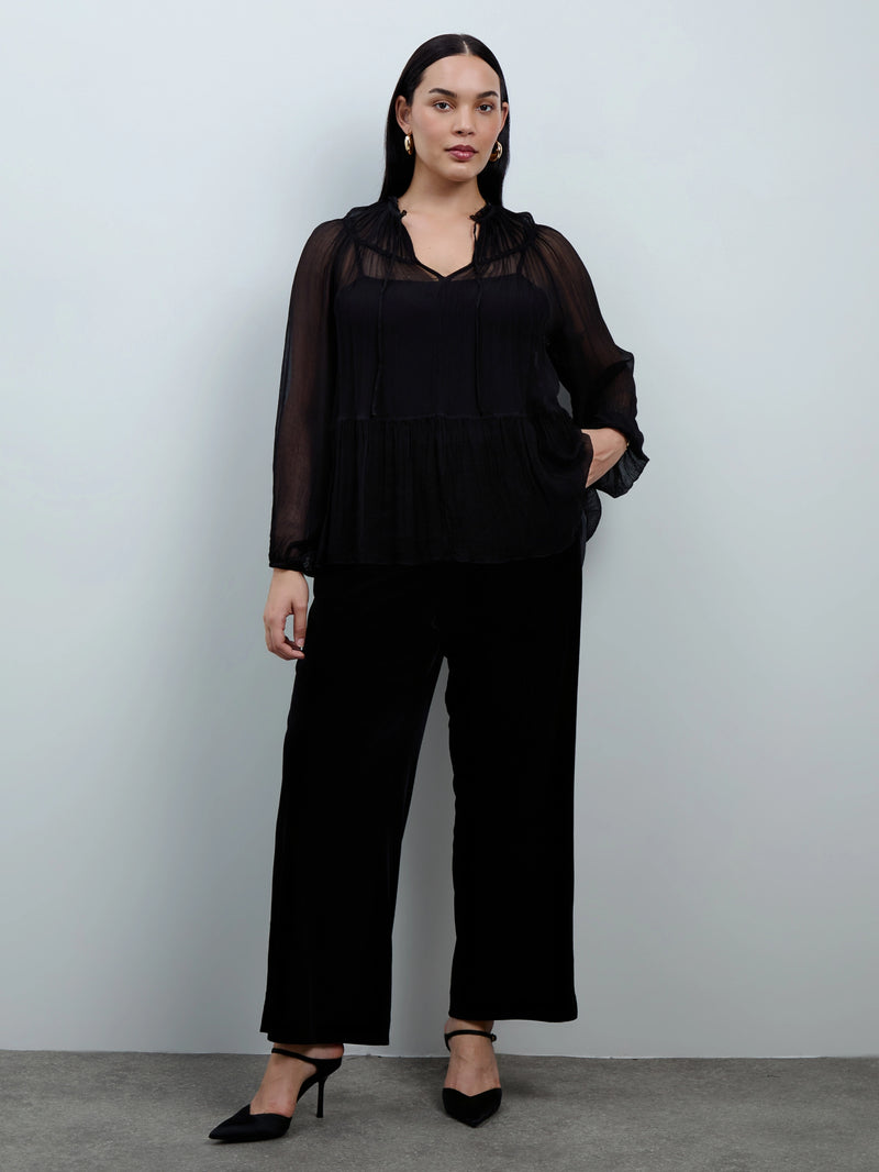 Black Chiffon Smocked Blouse With Detachable Cami