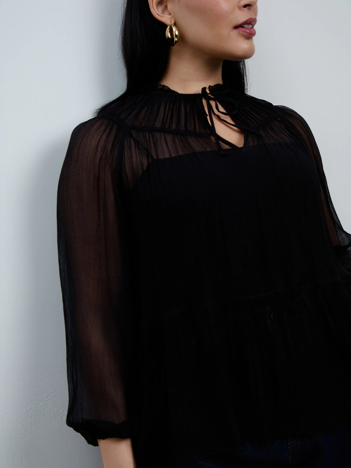 Black Chiffon Smocked Blouse With Detachable Cami