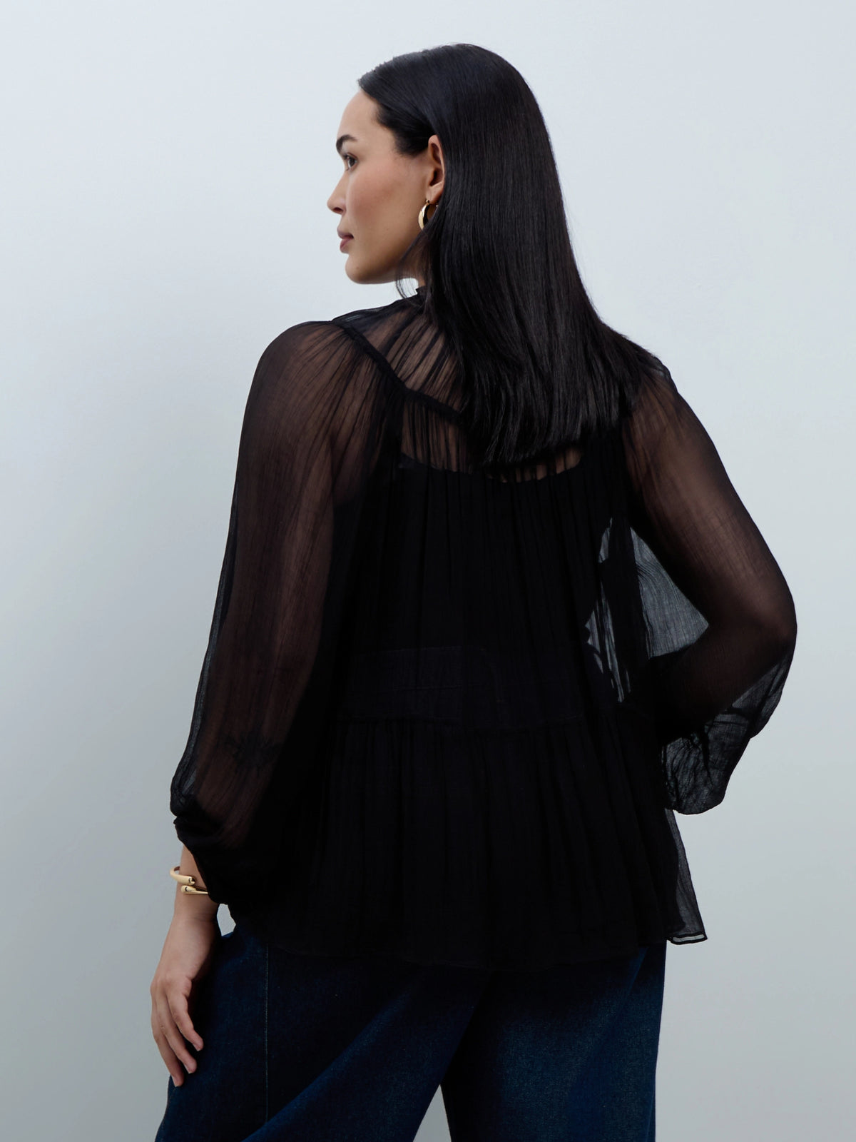 Black Chiffon Smocked Blouse With Detachable Cami