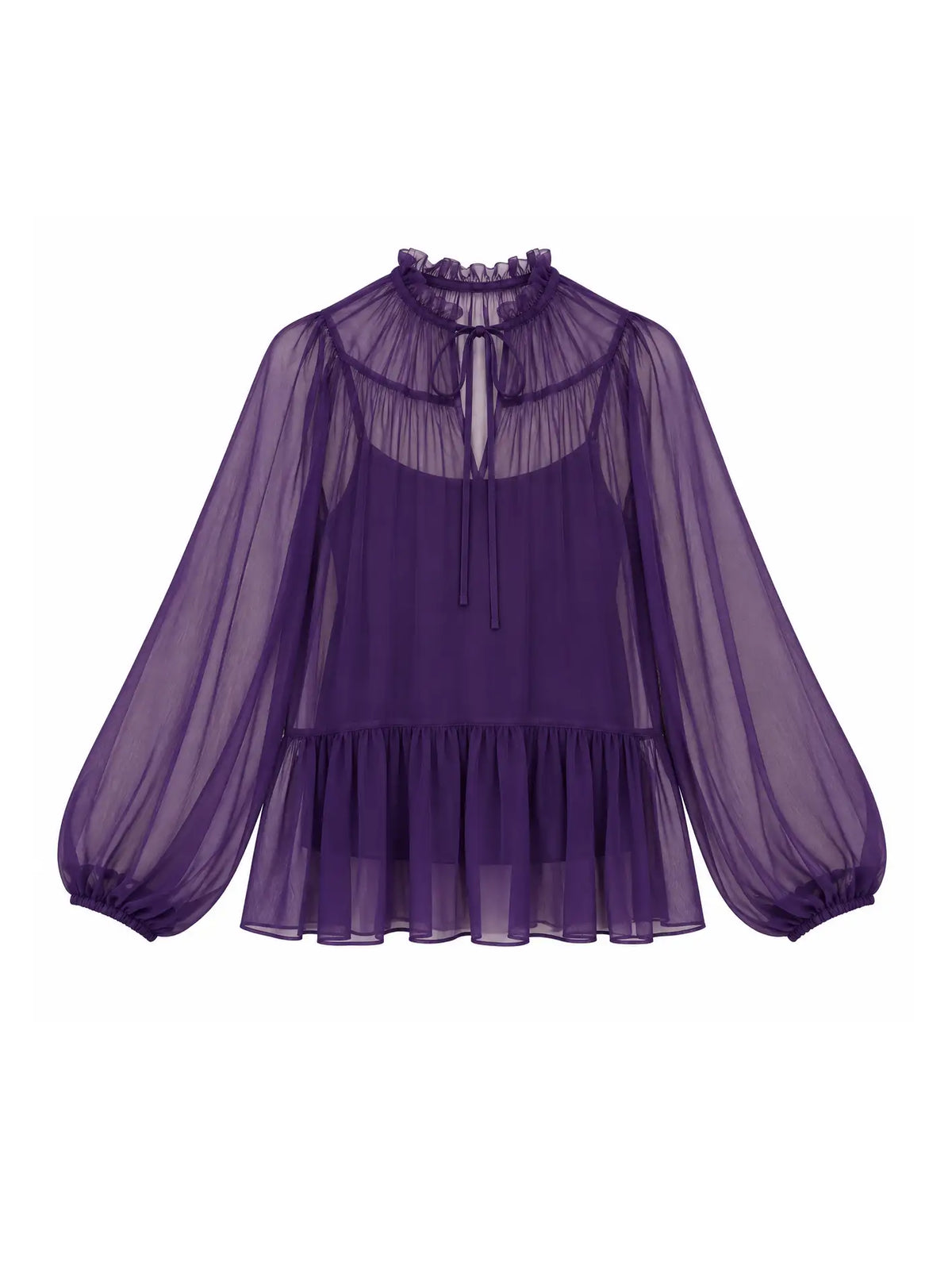 Purple Sheer Chiffon Tie Neck Blouse with Detachable Cami