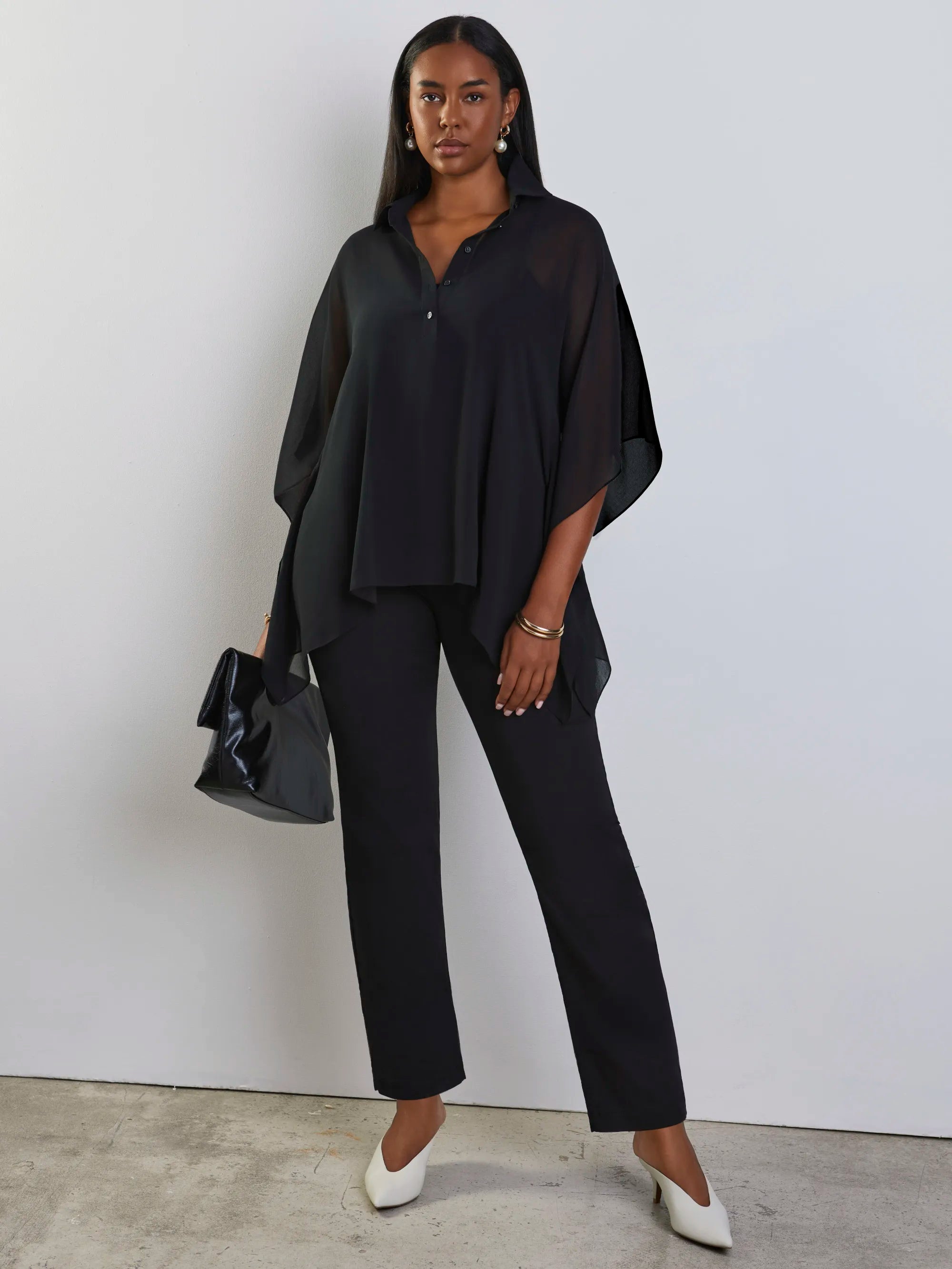 Black button half placket overlay top with collared neckline