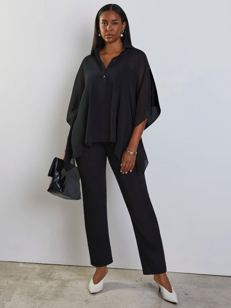Black button half placket overlay top with collared neckline