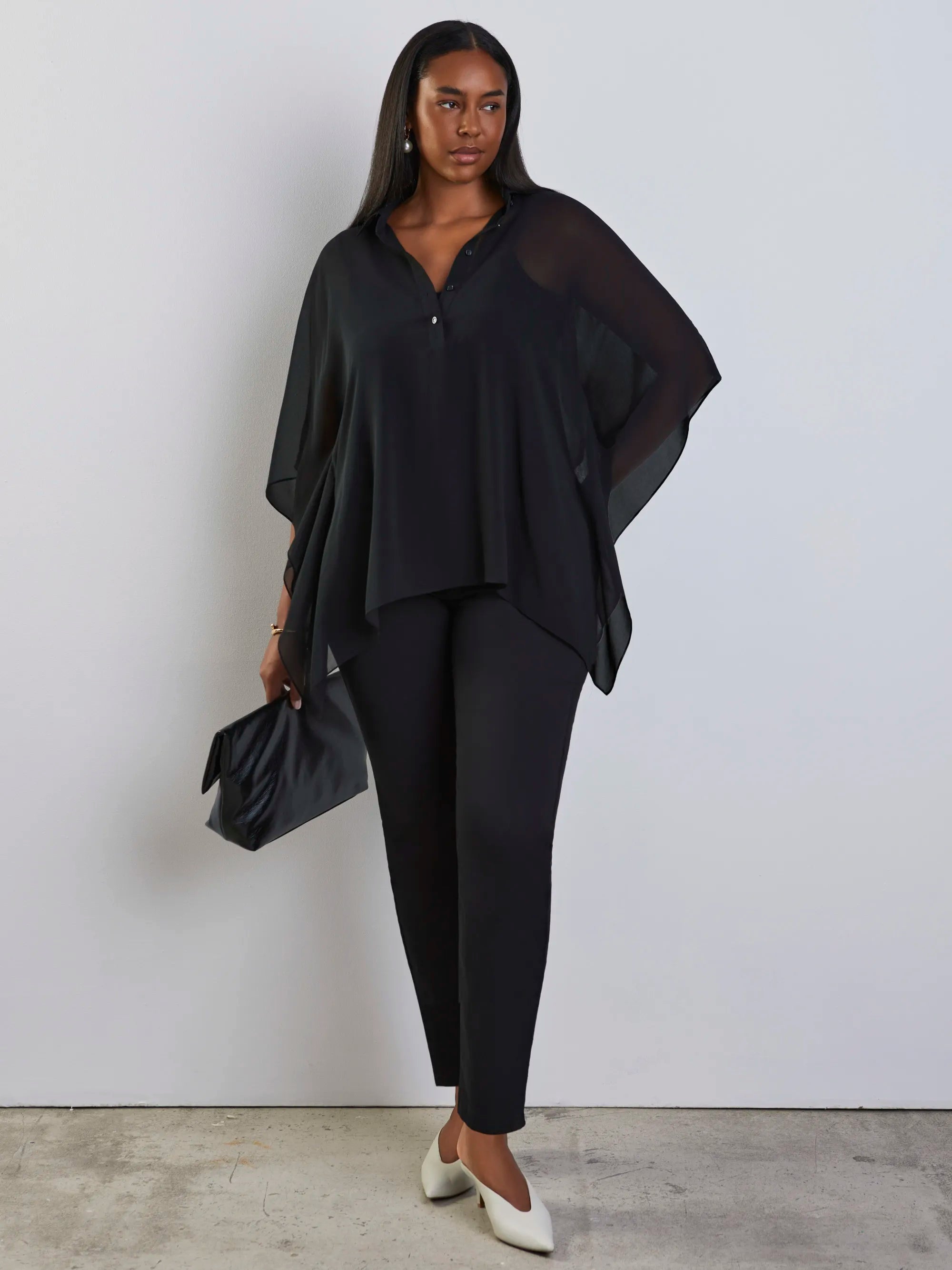 Black button half placket overlay top with collared neckline