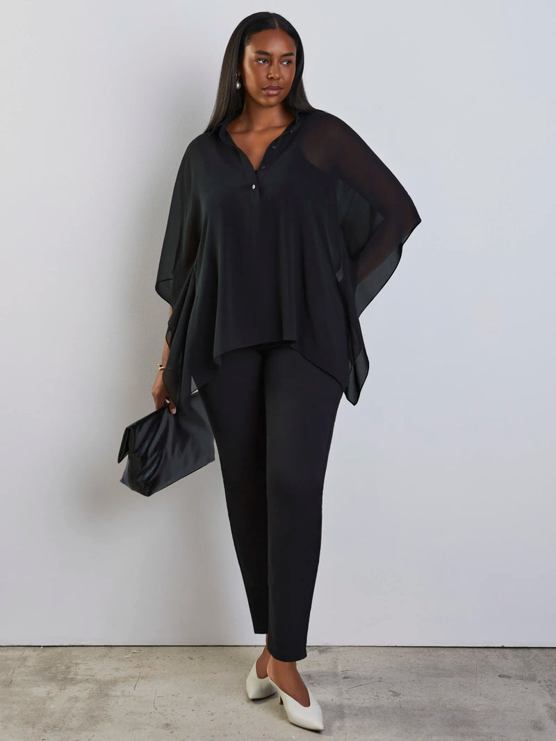 Black button half placket overlay top with collared neckline