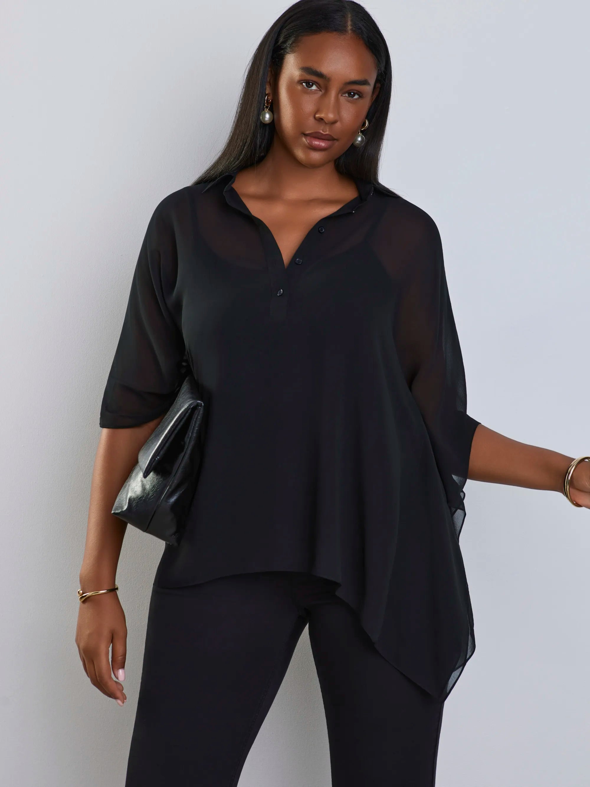 Black button half placket overlay top with collared neckline
