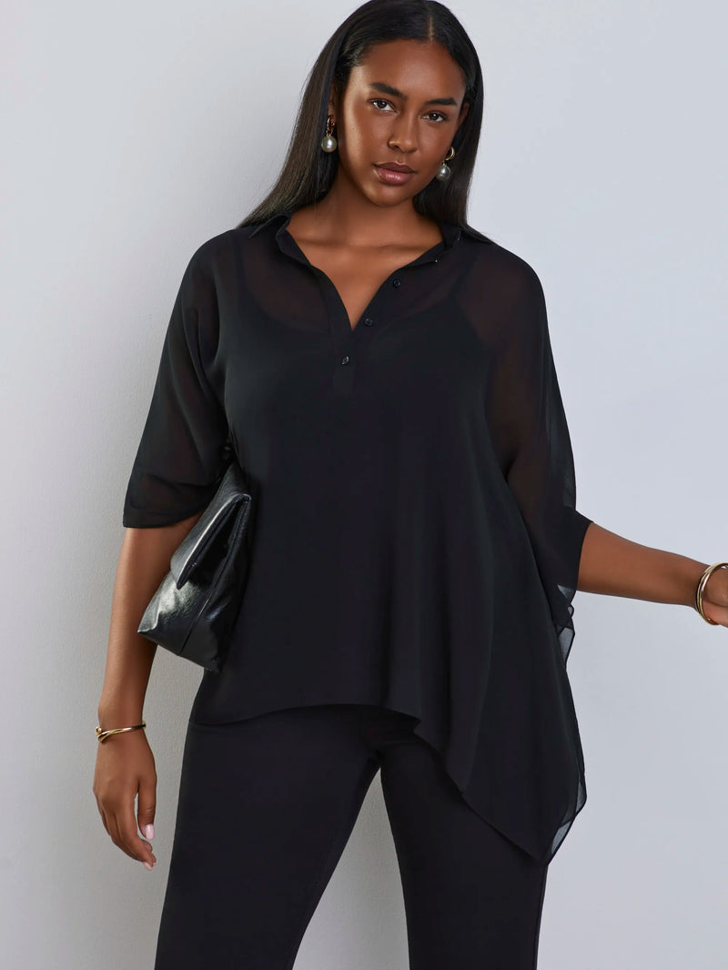 Black button half placket overlay top with collared neckline