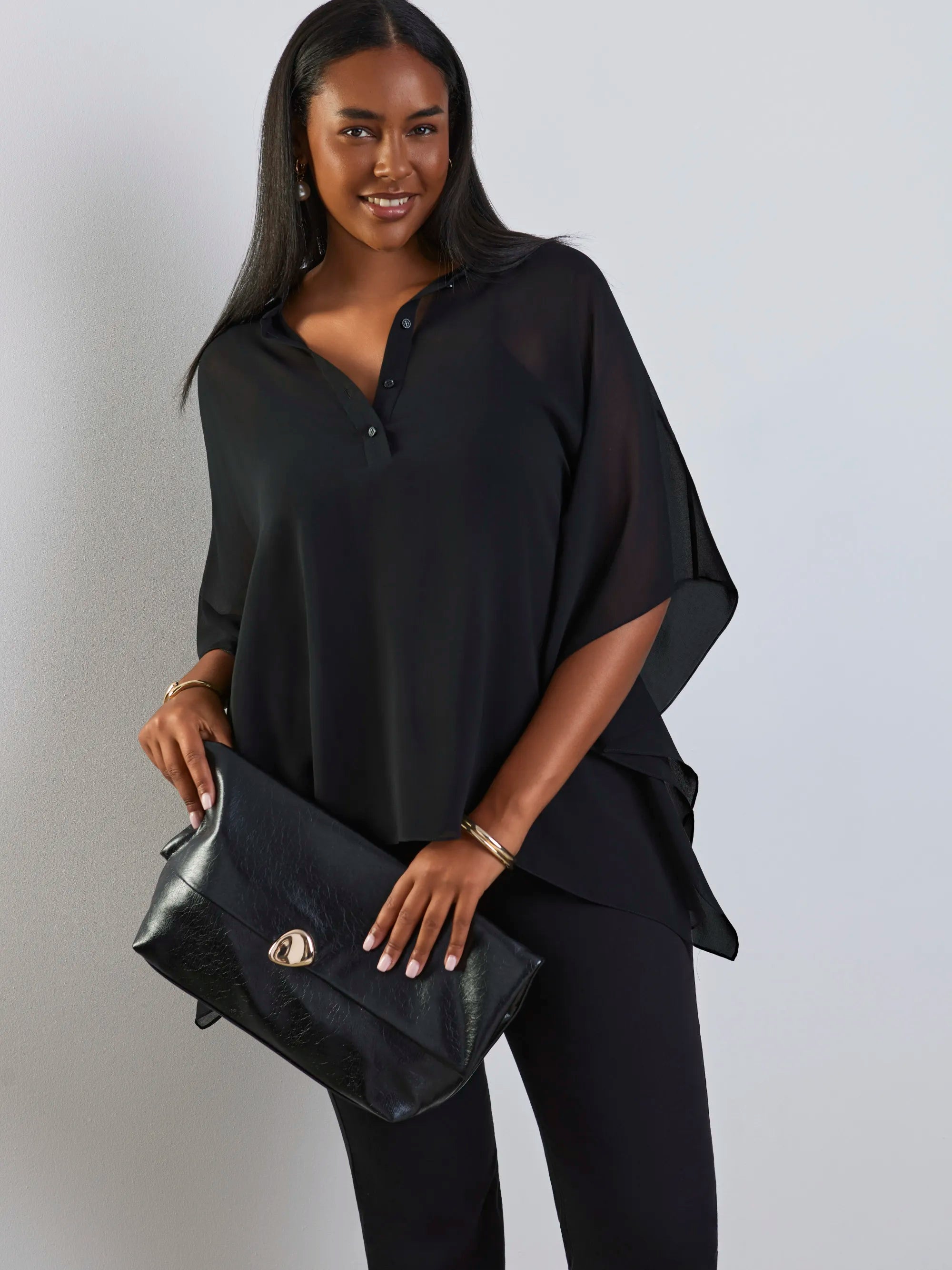 Black button half placket overlay top with collared neckline
