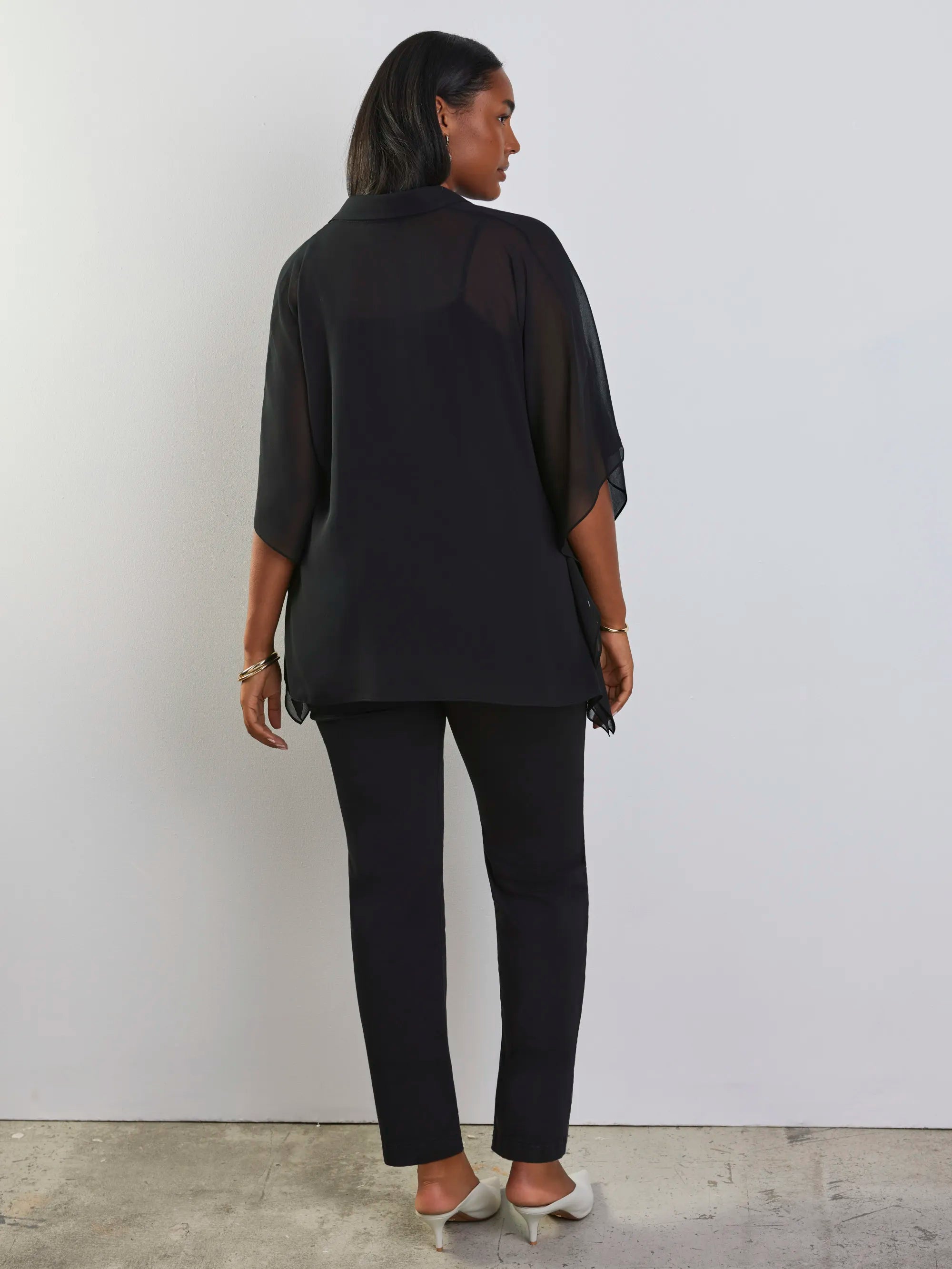 Black button half placket overlay top with collared neckline