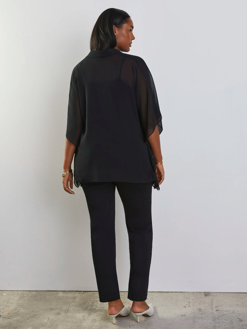 Black button half placket overlay top with collared neckline