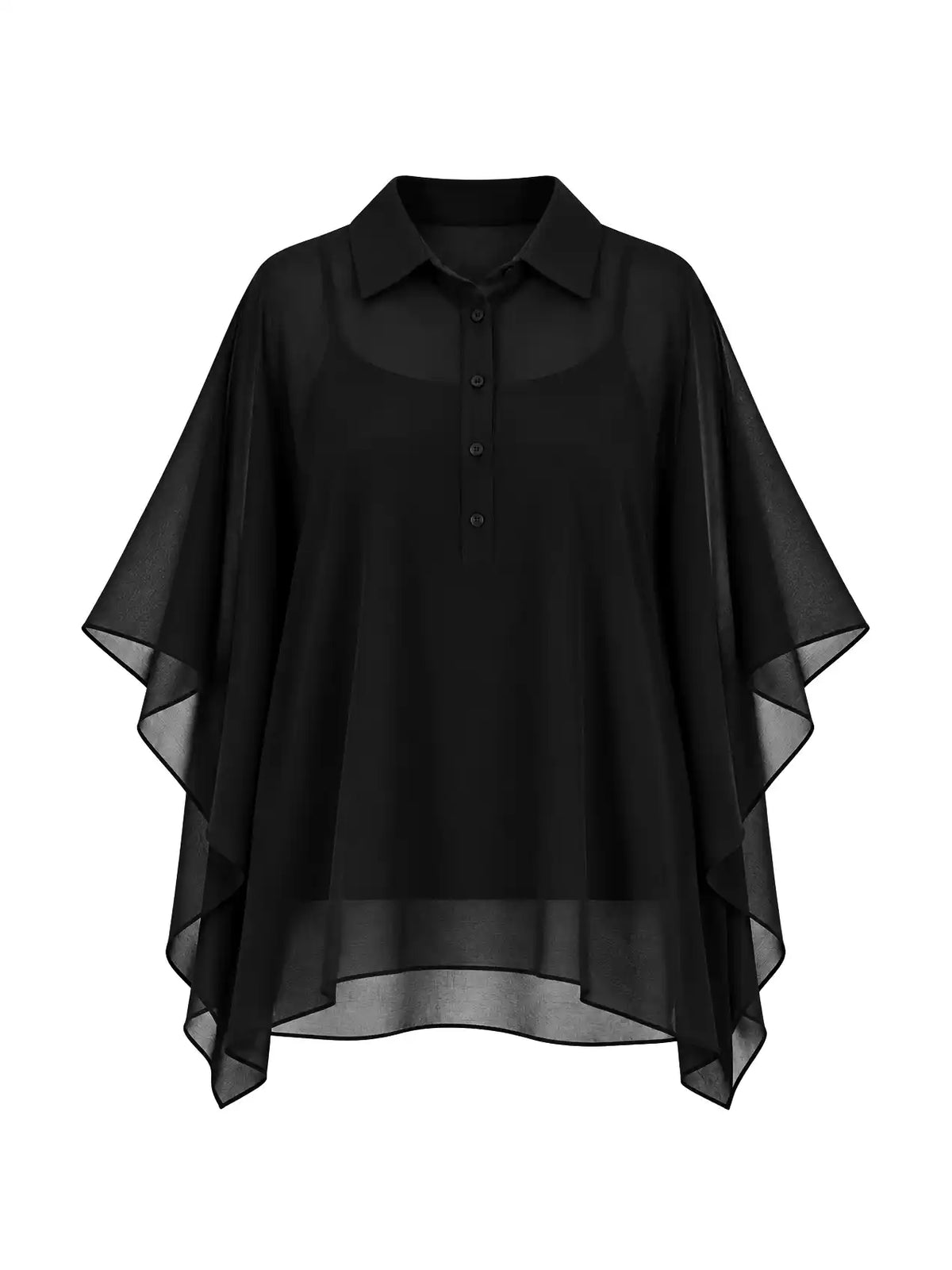 Black Sheer Batwing Shirt With Detachable Cami