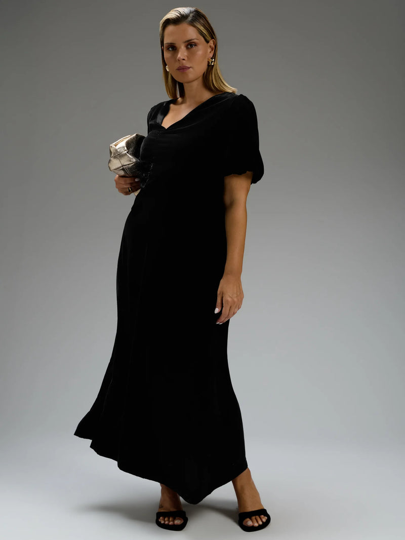 Black Velvet V-Neck Puff Sleeve Maxi Dress
