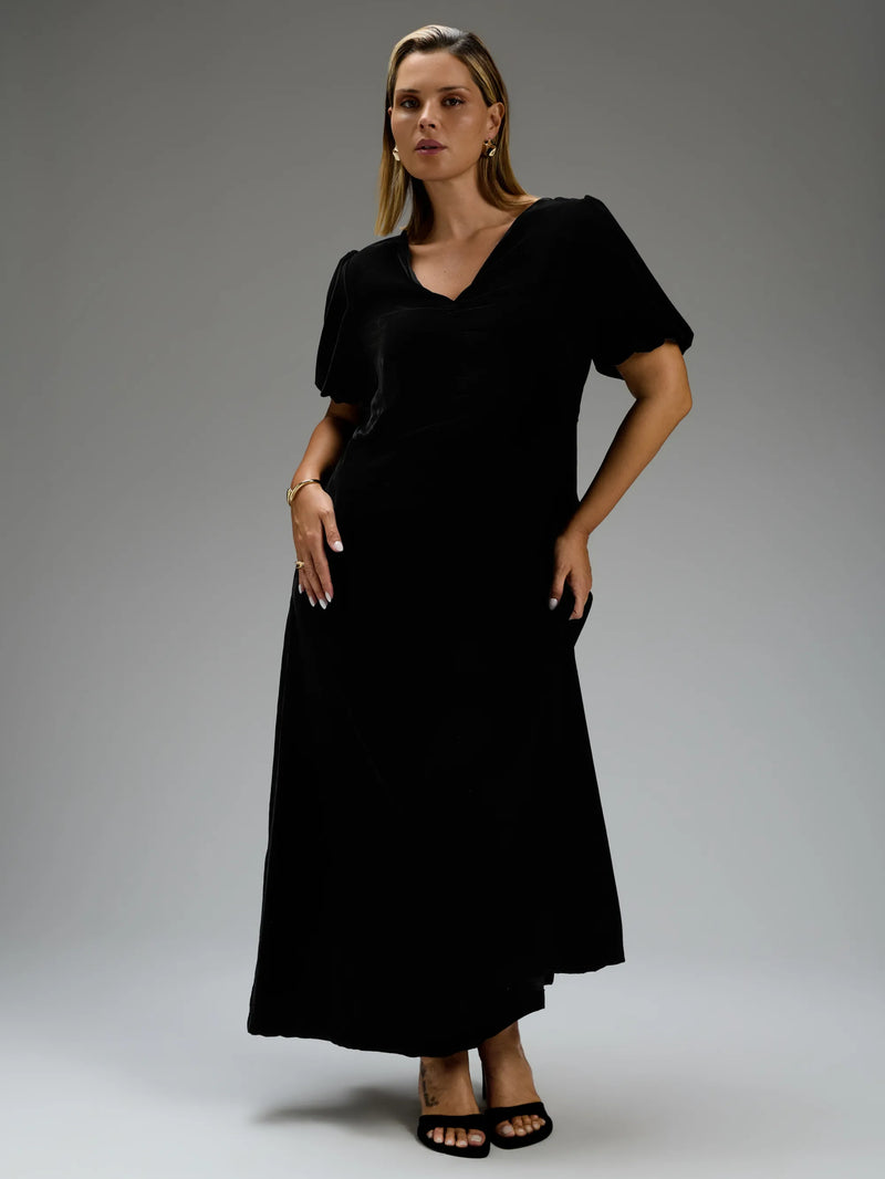 Black Velvet V-Neck Puff Sleeve Maxi Dress