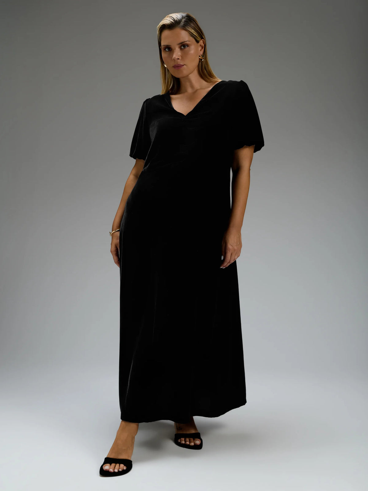 Black Velvet V-Neck Puff Sleeve Maxi Dress