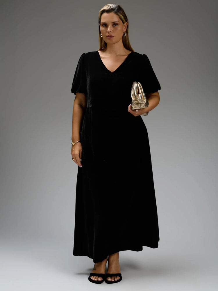 Black Velvet V-Neck Puff Sleeve Maxi Dress
