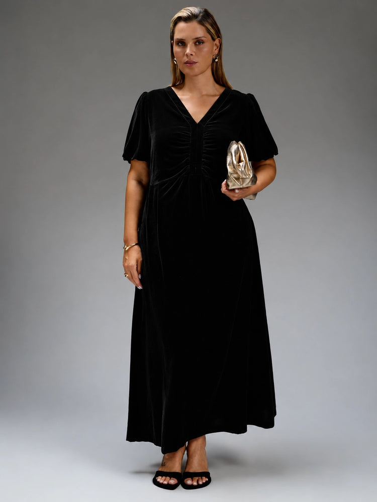 Black Velvet V-Neck Puff Sleeve Maxi Dress