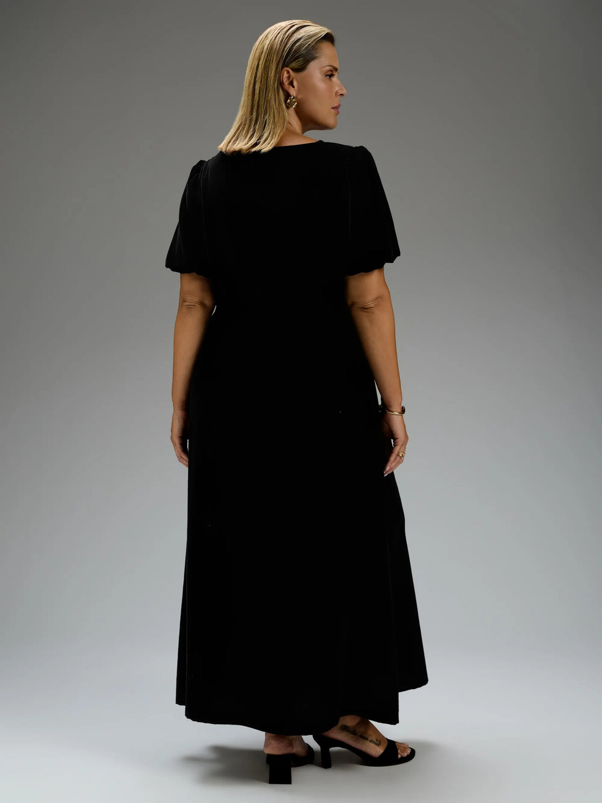 Black Velvet V-Neck Puff Sleeve Maxi Dress