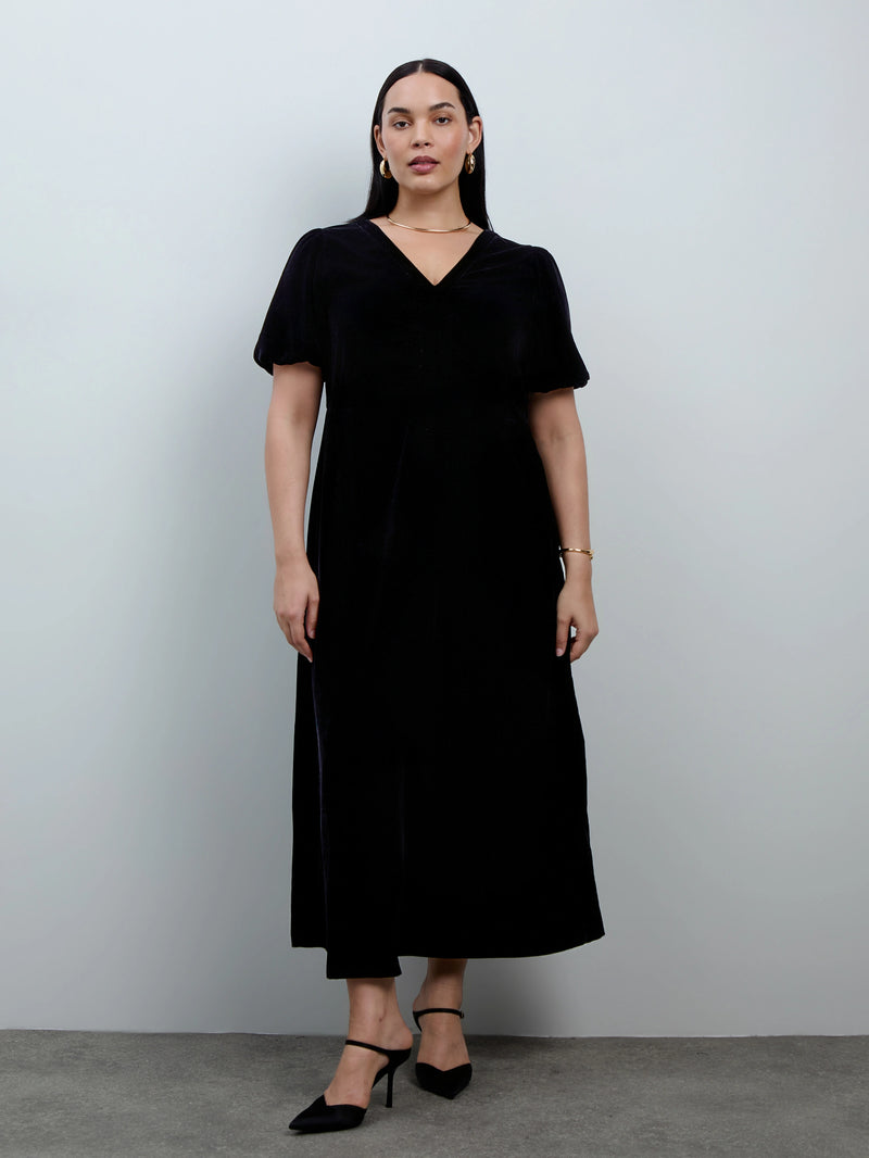 Black Velvet V-Neck Puff Sleeve Maxi Dress
