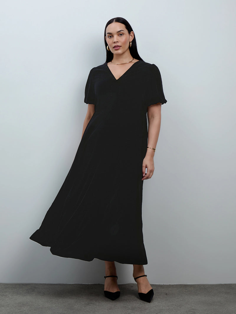 Black Velvet V-Neck Puff Sleeve Maxi Dress