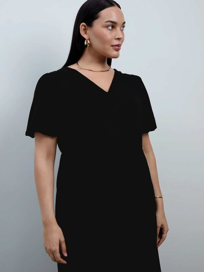 Black Velvet V-Neck Puff Sleeve Maxi Dress