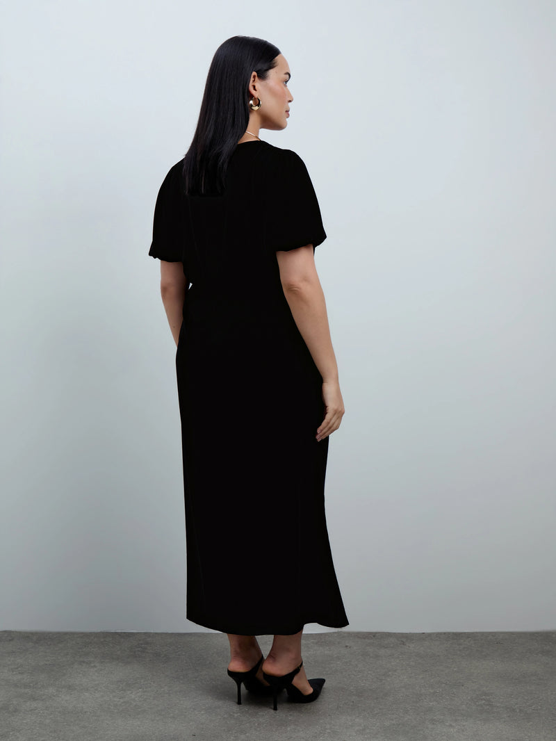 Black Velvet V-Neck Puff Sleeve Maxi Dress