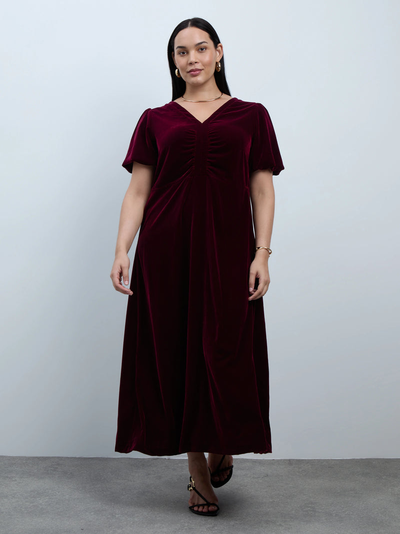 Plum Velvet V-Neck Puff Sleeve Maxi Dress