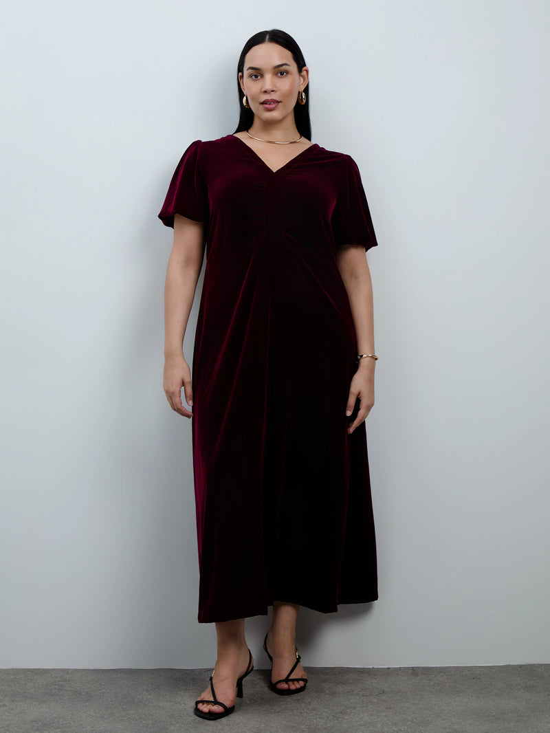 Plum Velvet V-Neck Puff Sleeve Maxi Dress