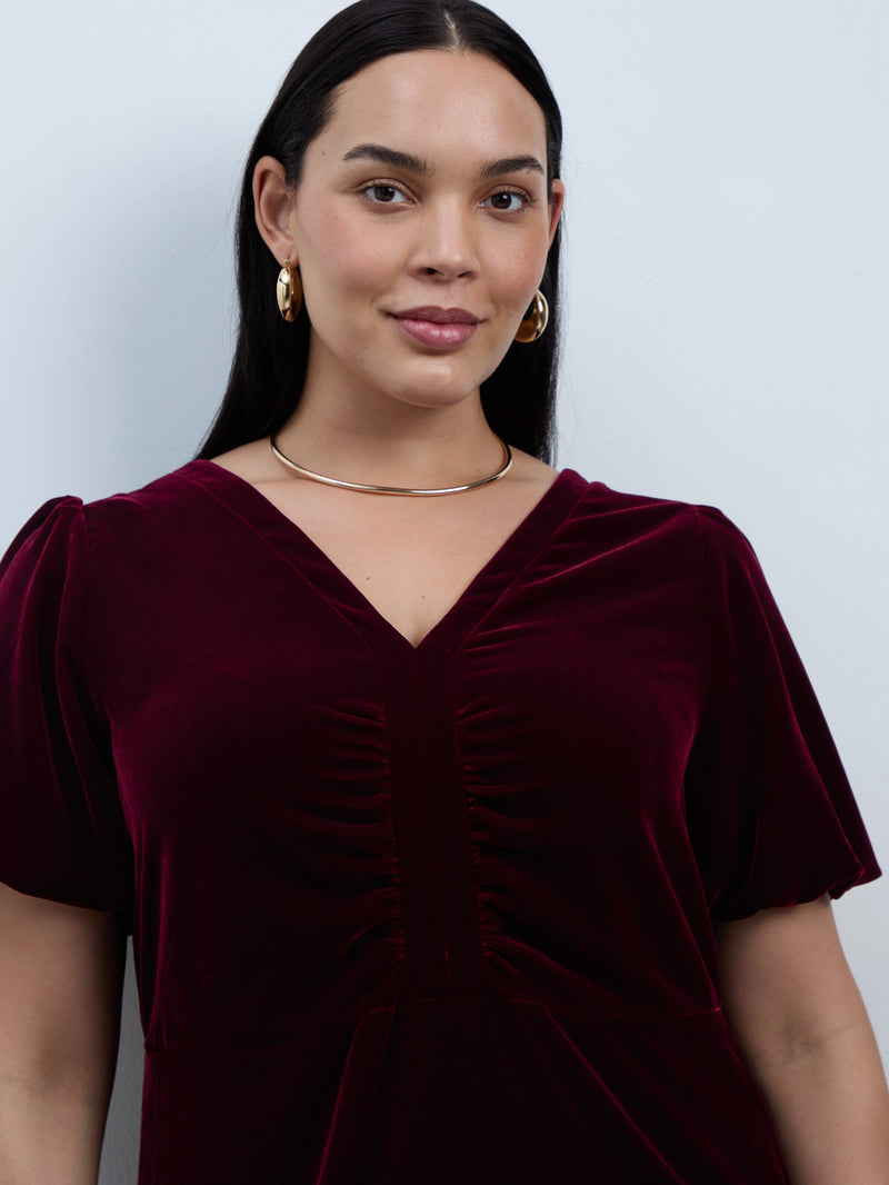 Plum Velvet V-Neck Puff Sleeve Maxi Dress