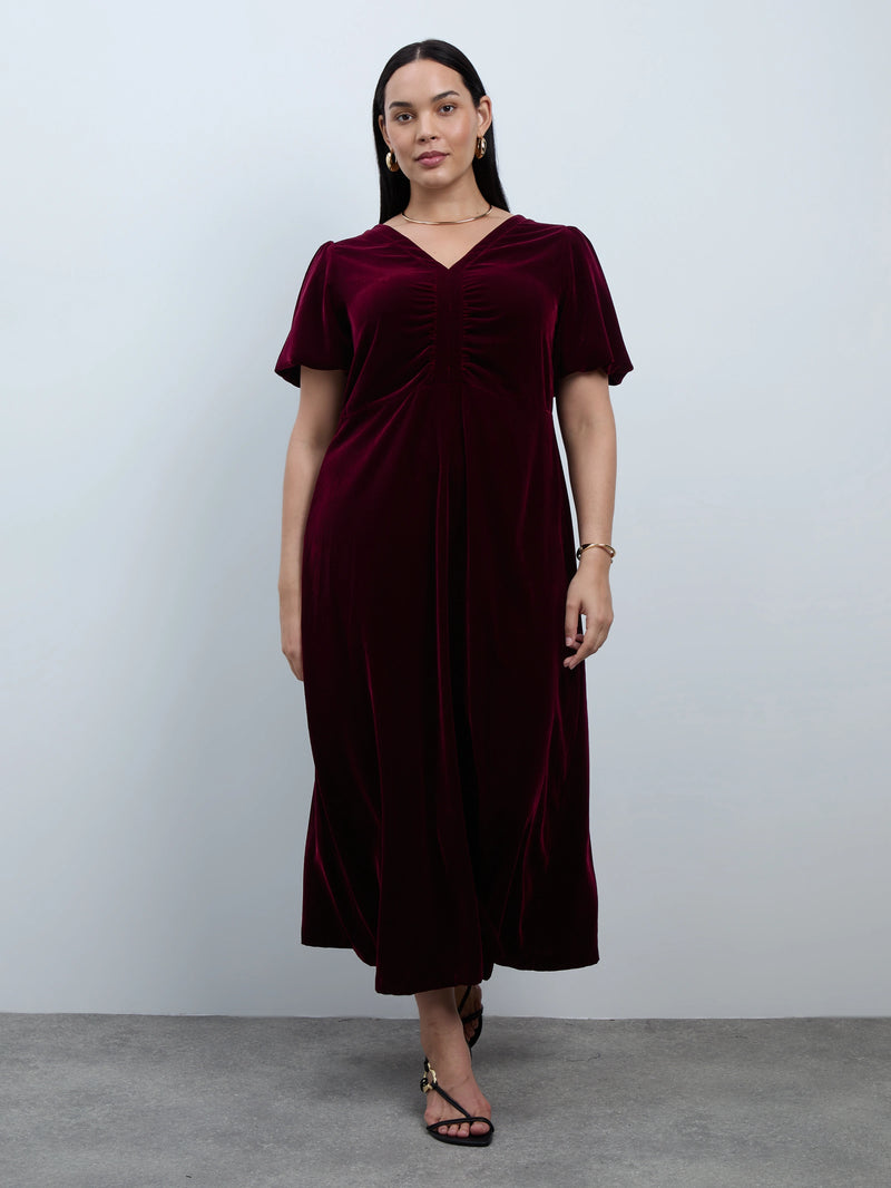 Plum Velvet V-Neck Puff Sleeve Maxi Dress