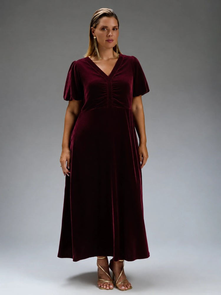 Plum Velvet V-Neck Puff Sleeve Maxi Dress