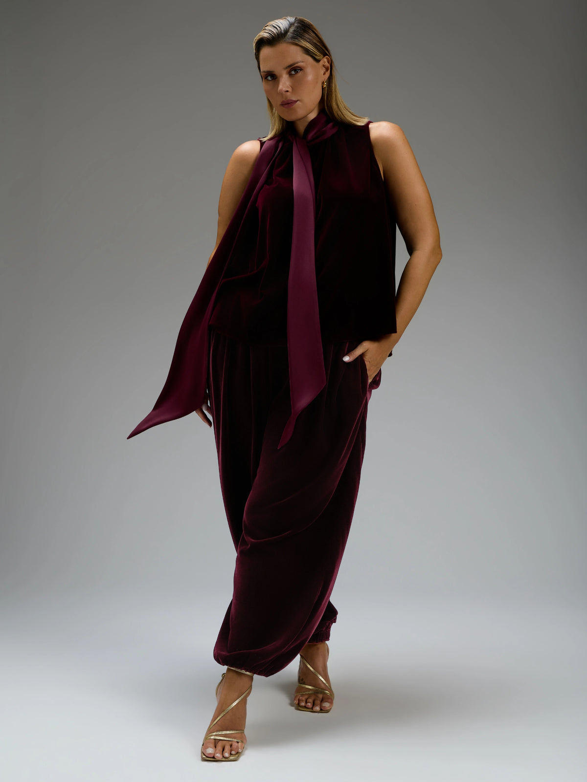Plum Velvet Tie Neck Blouse