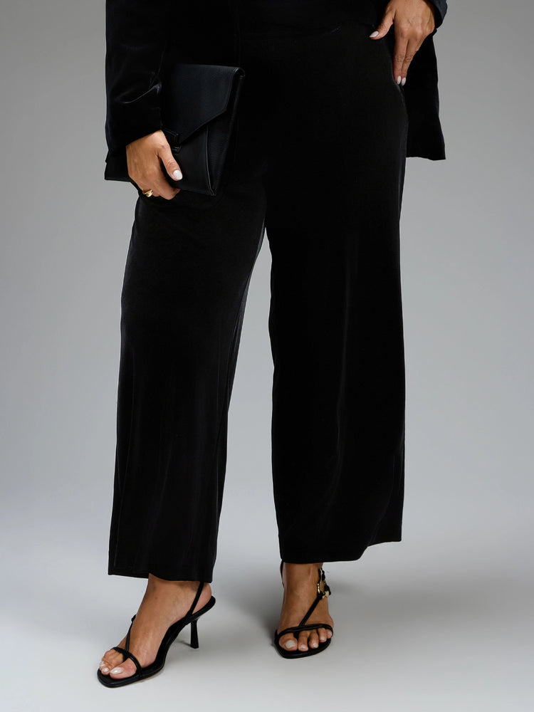 Petite Black Velvet Wide Leg Trouser