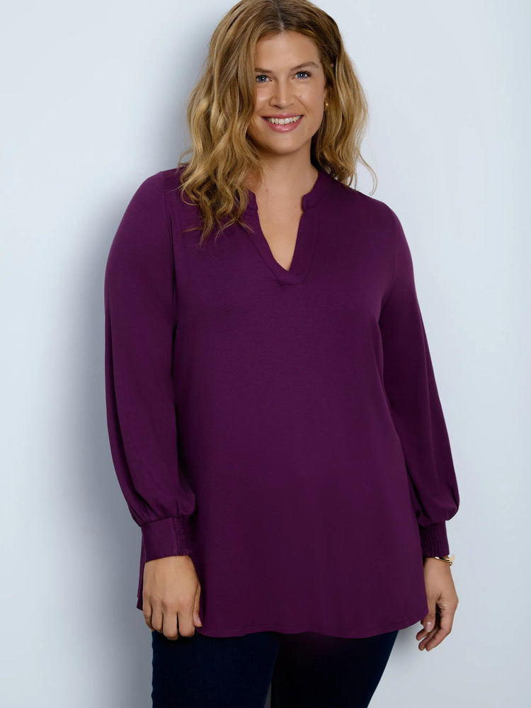Purple jersey Nehru collar tunic with blouson sleeves.