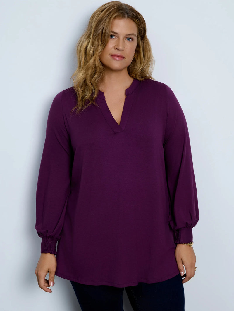 Purple jersey Nehru collar tunic with blouson sleeves.