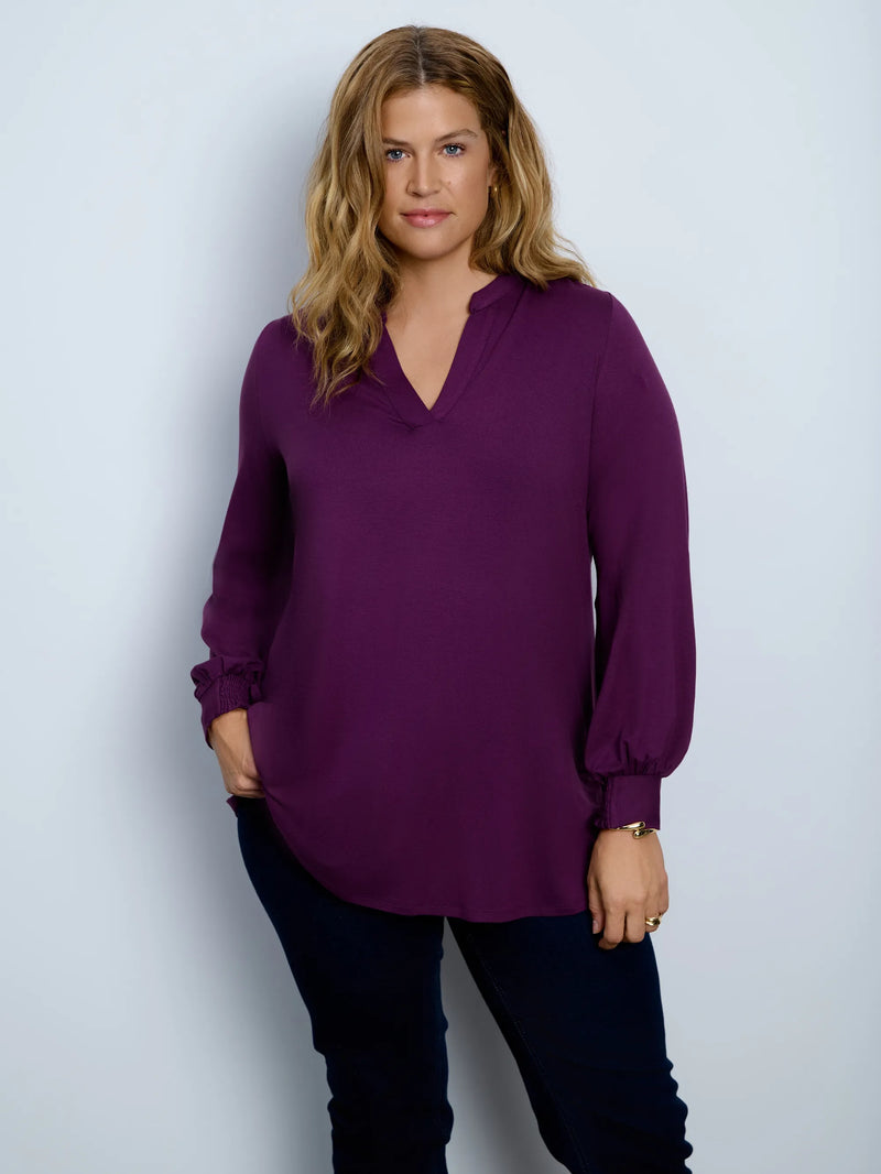 Purple jersey Nehru collar tunic with blouson sleeves.