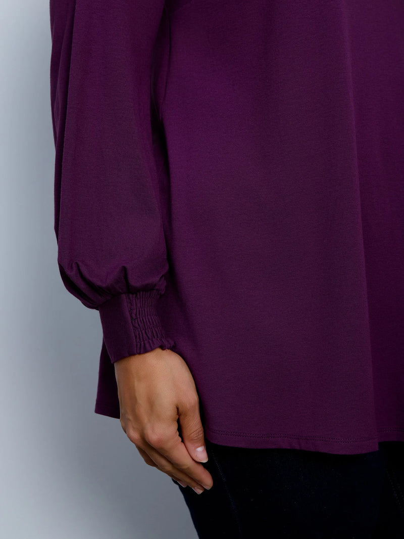 Purple jersey Nehru collar tunic with blouson sleeves.