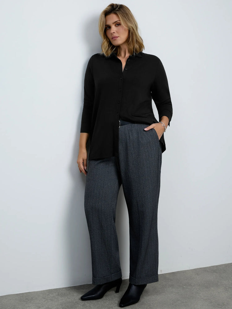 Black Button Through Jersey Polo Collar Top