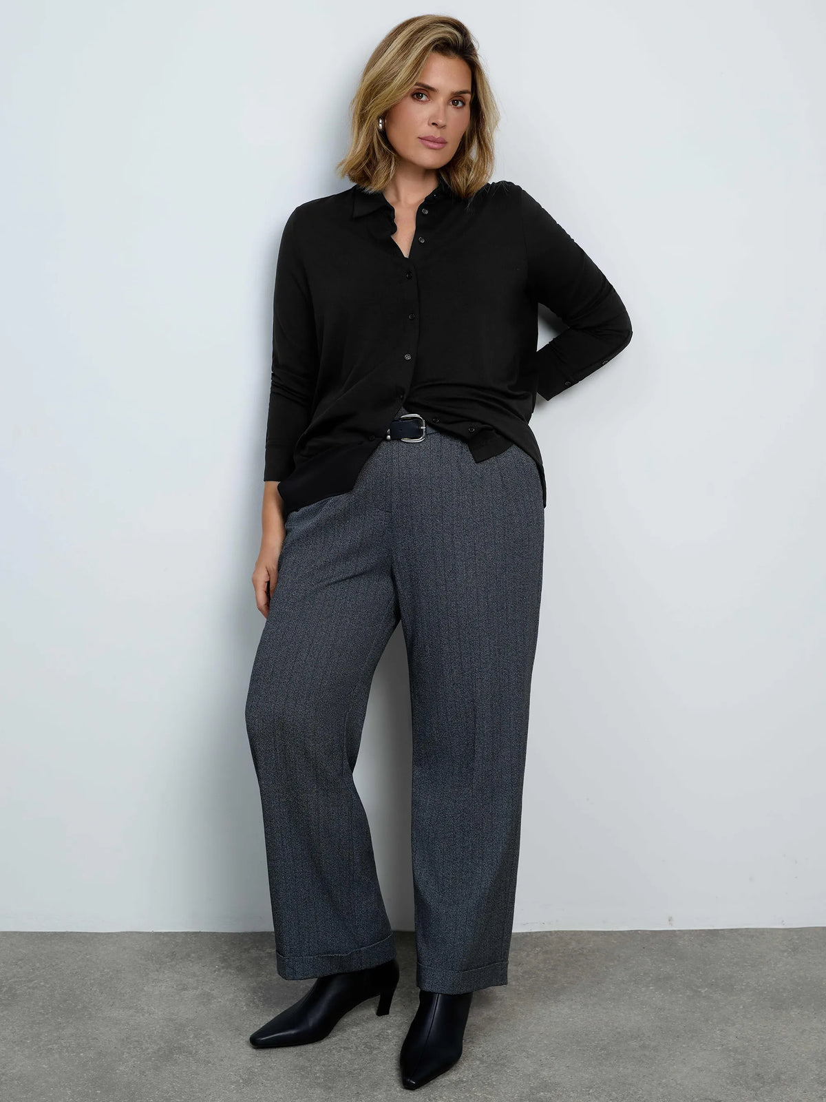 Black Button Through Jersey Polo Collar Top