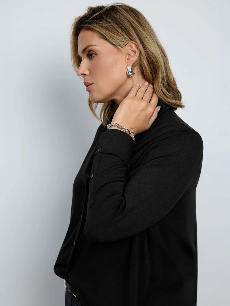 Black Button Through Jersey Polo Collar Top