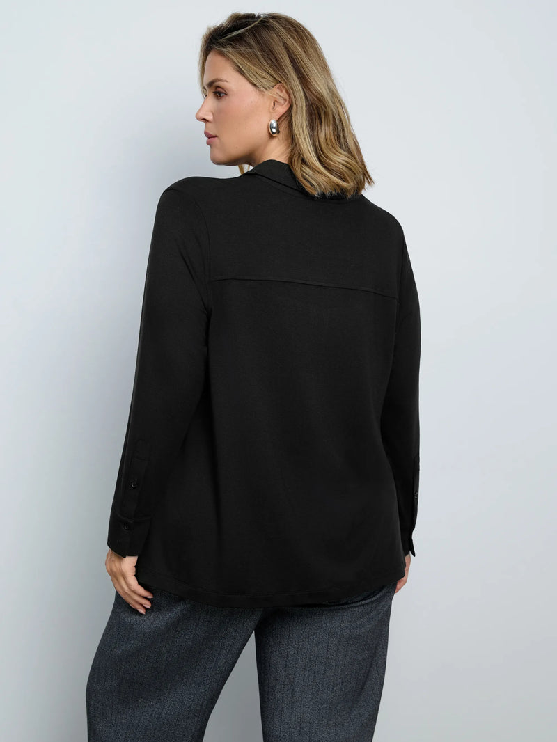 Black Button Through Jersey Polo Collar Top