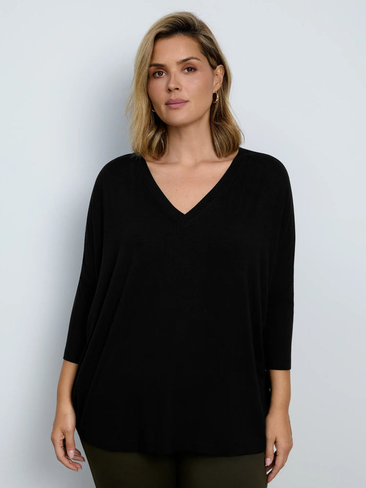 Plus size black jersey V-neck top