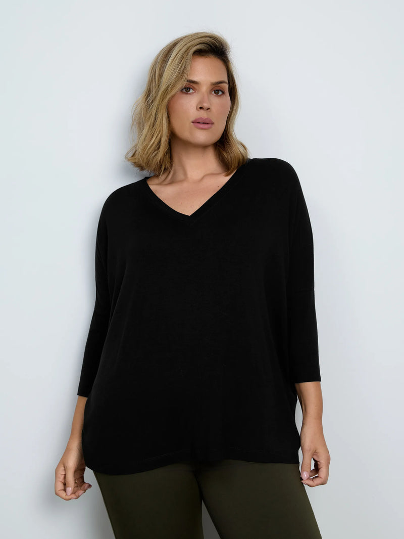 Plus size black jersey V-neck top