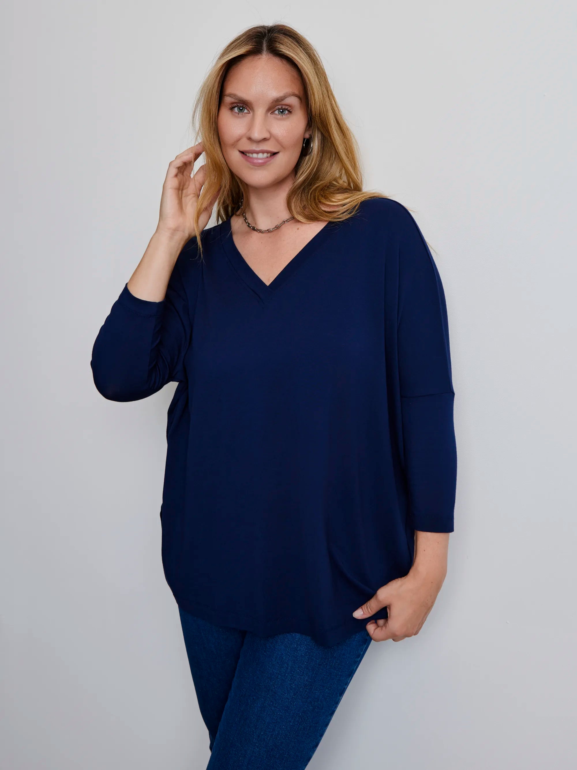 Plus size navy jersey V-neck top