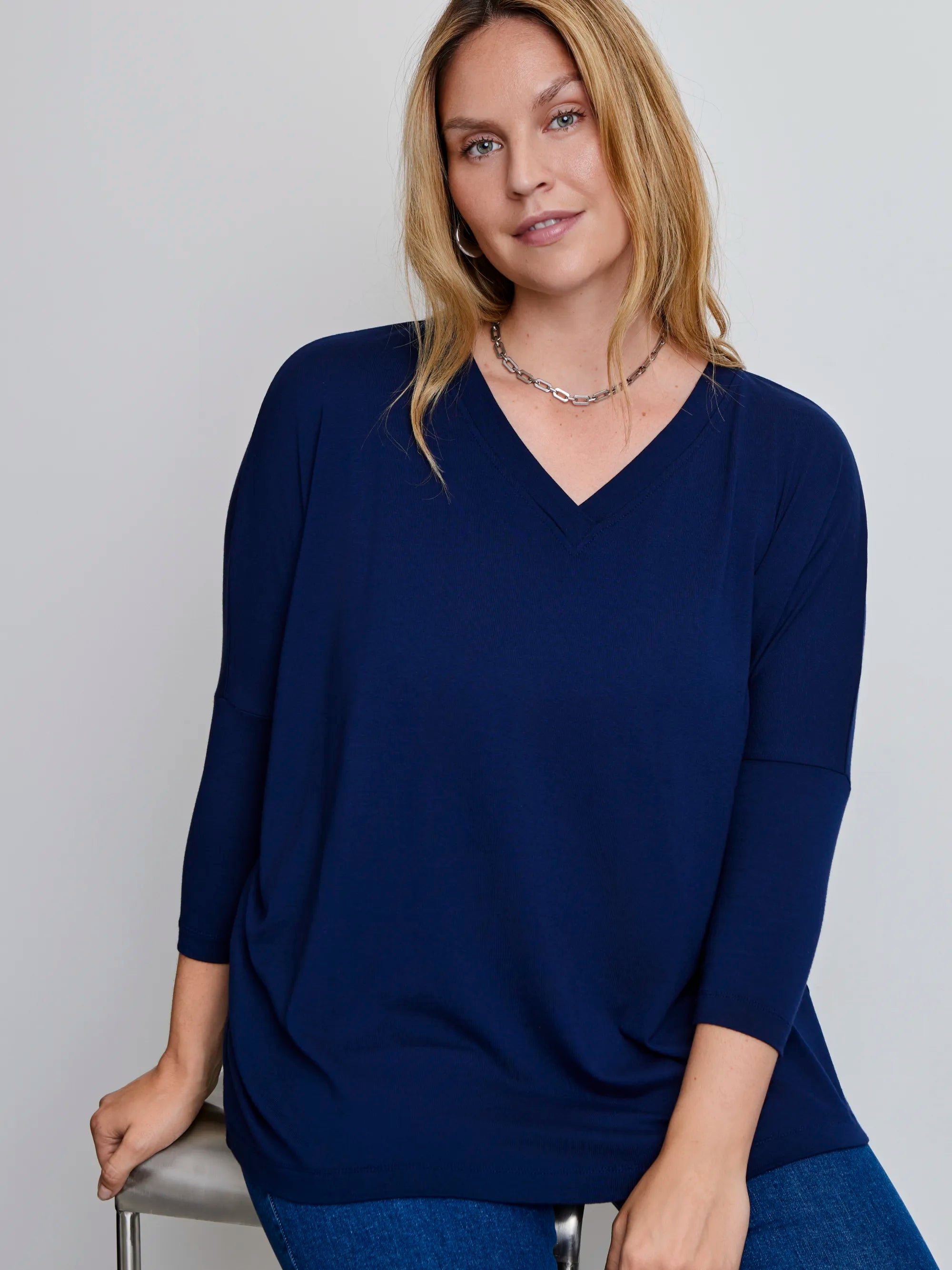 Plus size navy jersey V-neck top